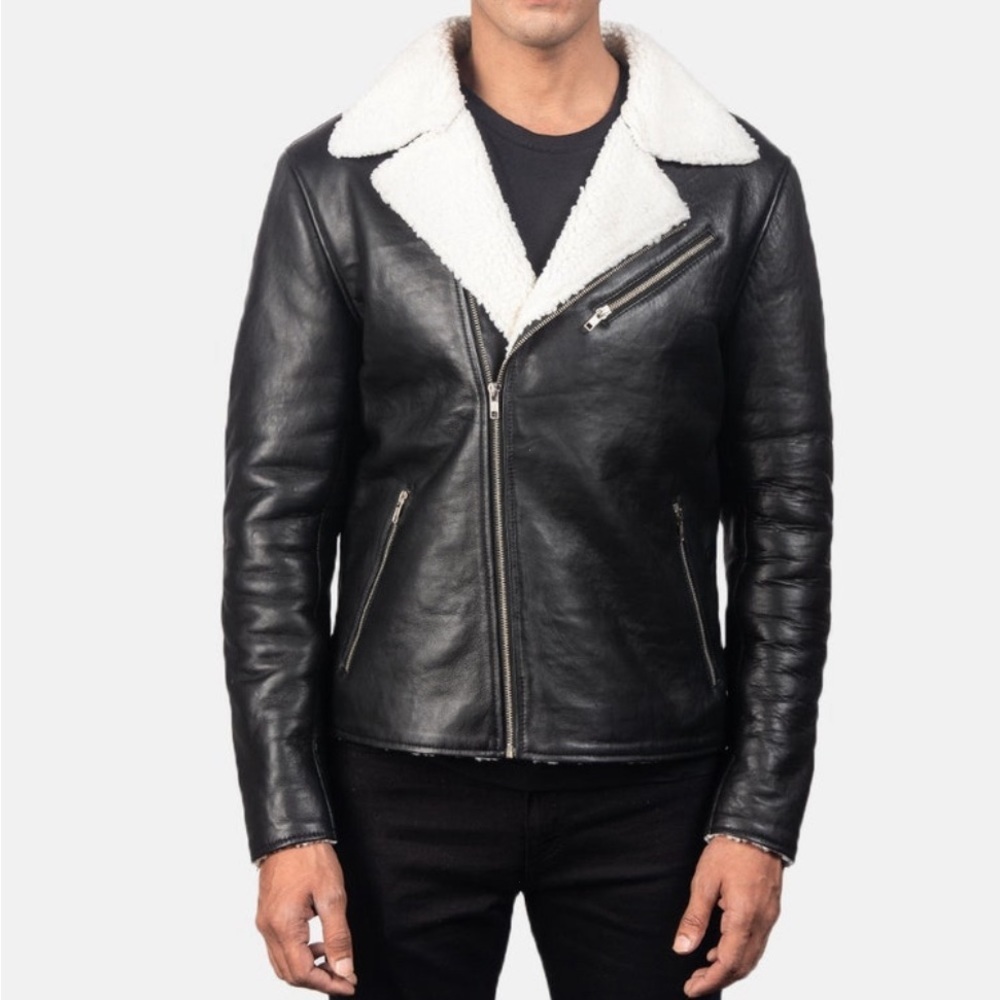 THE JACKET MAKER MEN’S WARM LEATHER WHITE FUR JACKET BLACK - M